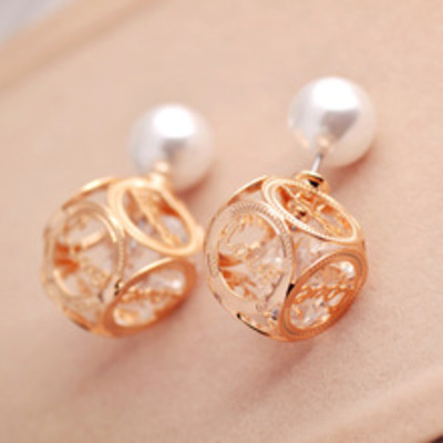  double-sided hollow cube love letter pearl stud earrings
