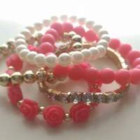  5-piece Bracelet Set - Beaded Bracelets - Multilayered Bangles - Roses, pearls, rhinestones, beads bracelets - Thumbnail 4