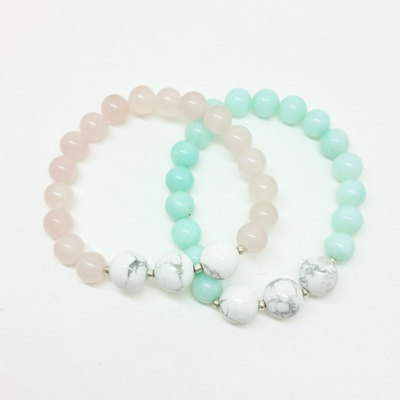 Blue and pink gemstone and silver beaded bracelet set