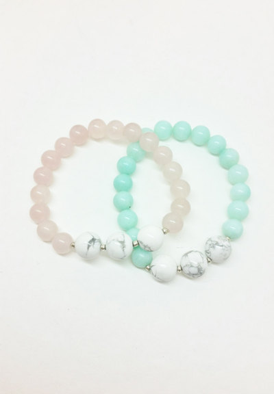 Blue and Pink Gemstone and Silver Beaded Bracelet Set