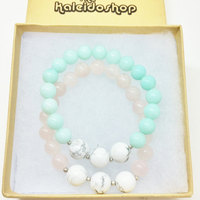 Blue and Pink Gemstone and Silver Beaded Bracelet Set - Thumbnail 3
