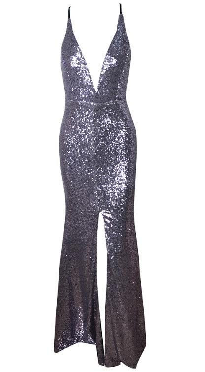 Gray Sequined Till Dawn Slit Dress