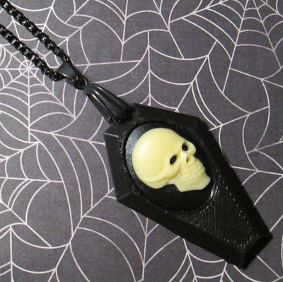 Small Black Coffin Necklace with Off-White and Black Skull Cameo