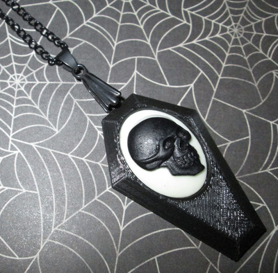 Small Black Coffin Necklace with Black and White Skull Cameo