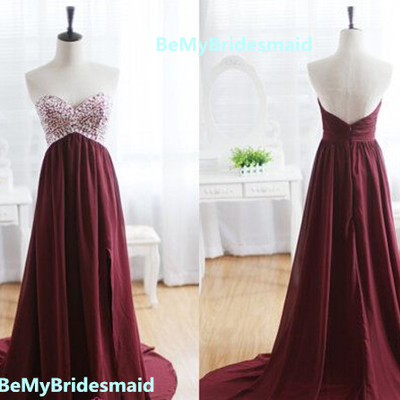 Pretty beadings burgundy prom dress 2016 with beadings, chiffon sweep train burgundy prom dress, burgundy prom dresses 2016