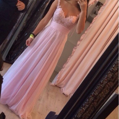Pretty straps pink long chiffon prom dresses 2016 with applique, pink prom dresses, formal gowns