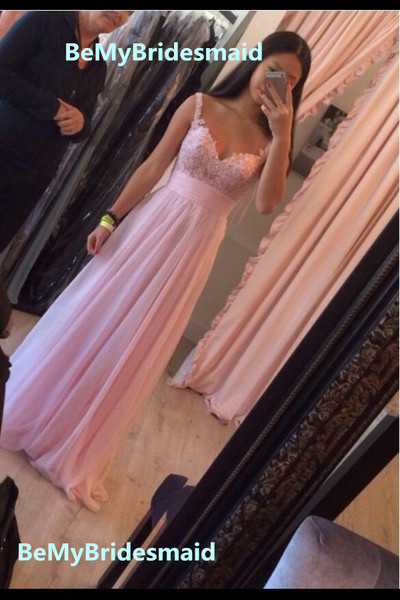 Pretty Straps Pink Long Chiffon Prom Dresses 2016 With Applique, Pink Prom Dresses, Formal Gowns