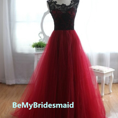 Charming tulle and lace burgundy prom dresses 2016, burgundy prom dresses, lace formal gowns