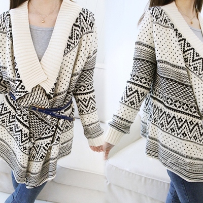 Ladies printed black & ivory cardigan