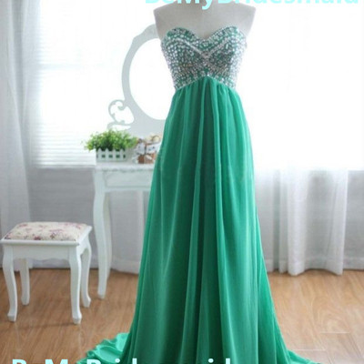 Beautiful  chiffon sweetheart green long prom dresses with beadings, green prom dresses, long prom gowns