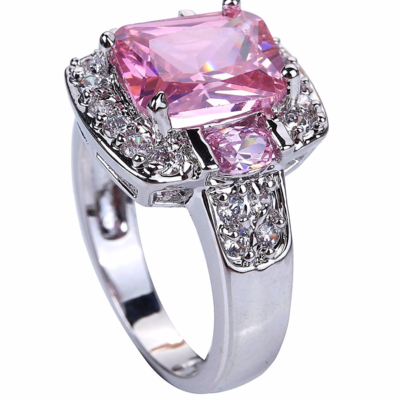 Emerald cut pink created topaz silver plated ring  