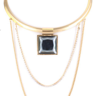 Glass jewel with pave chain layered choker necklace