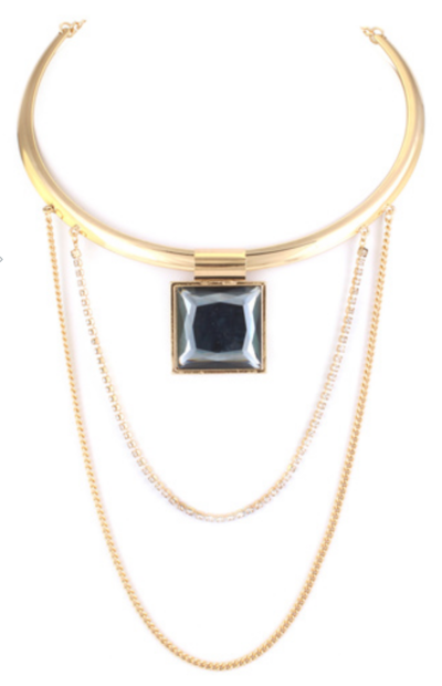 Glass Jewel with Pave Chain Layered Choker Necklace