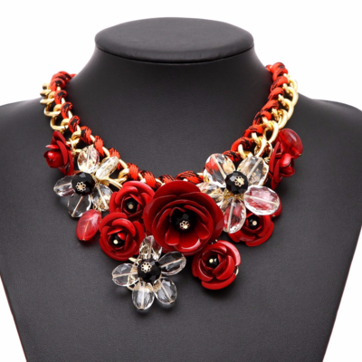 Gold chain crystal flowers charm pendant big chunky bib statement necklace