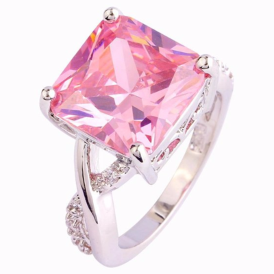 Sterling silver gorgeous 12mm*12mm princess cut pink topaz filled ring