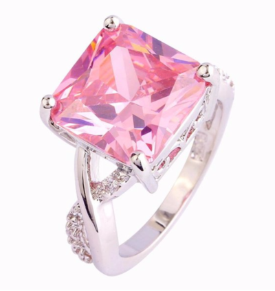 Sterling Silver Gorgeous 12mm*12mm Princess Cut Pink topaz Filled Ring