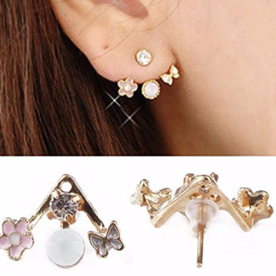 Lady crystal flower rhinestone earrings front anf back ear stud 