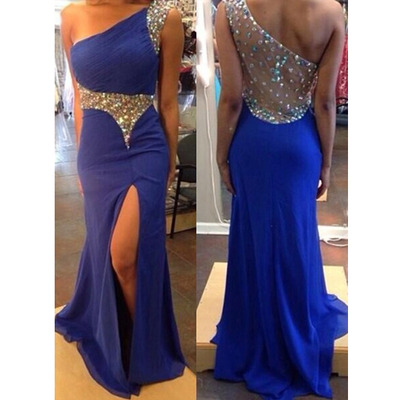 Long royal blue one shoulder cheap prom dress, beading high slit formal evening dress, e813 - Thumbnail 5