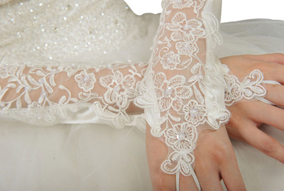 Wedding Bridal Lace ivory  Lace Floral Satin Gloves