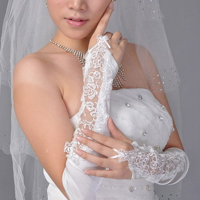 Wedding bridal lace white lace floral satin gloves