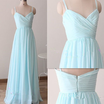 Beautiful light blue straps long prom dresses 2016, light blue bridesmaid dresses, bridesmaid dresses