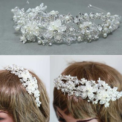 Silver Bridal Wedding Bride Rhinestone Crystal Handmade Pearl Hair Headband
