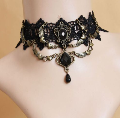 FREE SHIP - Black Lace Evening Party Heart Bib Gothic Lace Fibre Necklace