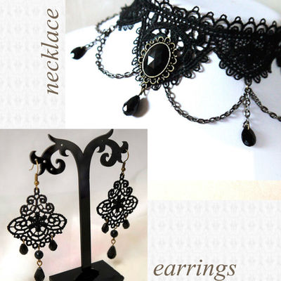 Free ship - set of black charm drop lolita lace gothic goth necklace & earrings - Thumbnail 5