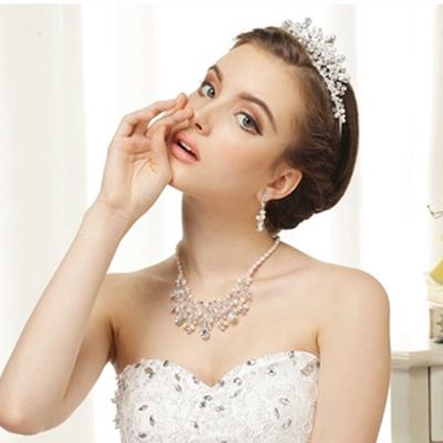 Light pearl dangle drop crown,necklace & earrings set