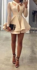 Beige Long Sleeve Puff Skater Dress