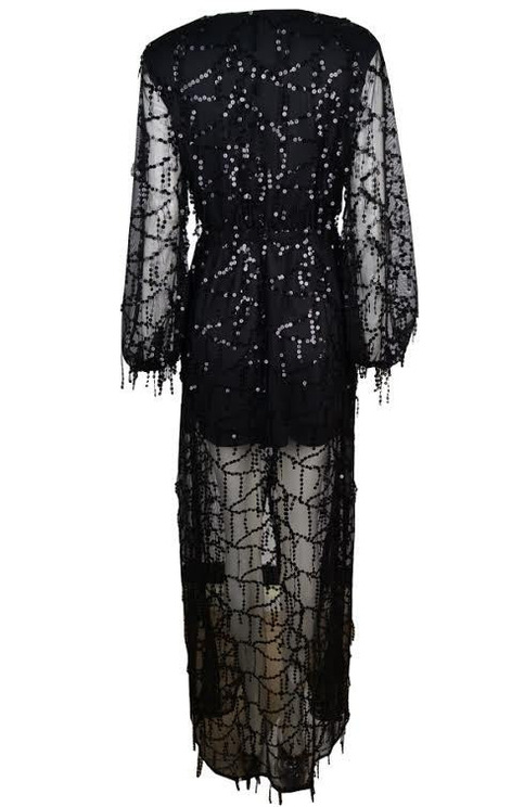 Black Sparkle Sequined Fringed V-Neck Maxi Dress