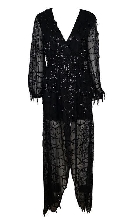 Black Sparkle Sequined Fringed V-Neck Maxi Dress