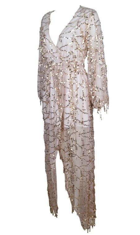Gold Sparkle Sequined Fringed V-Neck Maxi Dress