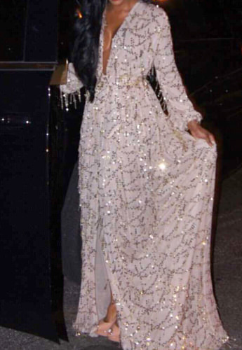 Gold Sparkle Sequined Fringed V-Neck Maxi Dress