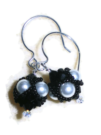 Hand Woven Black Crystal and White Pearl Sterling Earrings
