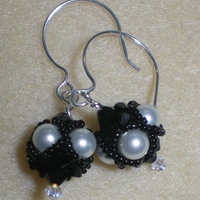 Hand Woven Black Crystal and White Pearl Sterling Earrings - Thumbnail 1