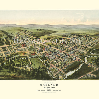 Oakland, maryland in 1906 - bird's eye view, map, aerial, panorama, vintage, antique, reproduction, giclée, fine art, wall art, history