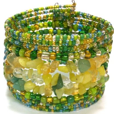 Multi Bead Yellow and Green Cuff-Bracelet-Womens.