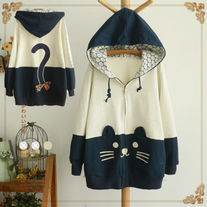 Harajuku Japanese Kawaii Girl Cat Face Tail Hoodie Sweater With Bow