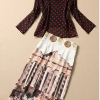 RED BLACK DOT CASTLE PRINTED LONG SLEEVED SHIRT SKIRT SUIT DRESS - Thumbnail 4