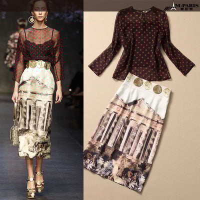 Red black dot castle printed long sleeved shirt skirt suit dress