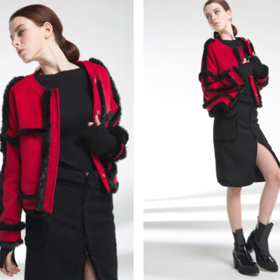 Yen red black fur stiched woollen jacket e006