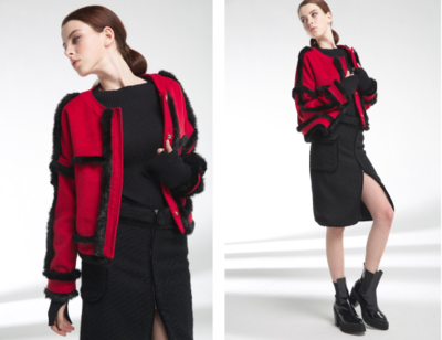 YEN RED BLACK FUR STICHED WOOLLEN JACKET E006