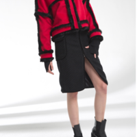 YEN RED BLACK FUR STICHED WOOLLEN JACKET E006 - Thumbnail 2