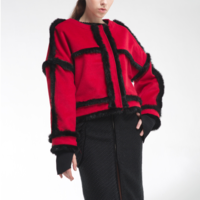 YEN RED BLACK FUR STICHED WOOLLEN JACKET E006 - Thumbnail 3