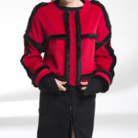 YEN RED BLACK FUR STICHED WOOLLEN JACKET E006 - Thumbnail 4