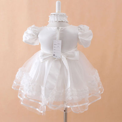 Baby girl cream white wedding birthday celebrate rose lace pearl dress with headpiece band 6m