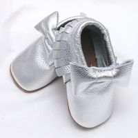 Baby Shower Moccasins Infant Boy Toddlers Silver Soft Genuine Leather Shoes - Thumbnail 1