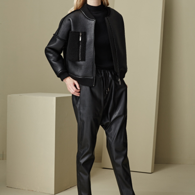 Yen suede leather stitched design jacket pants suit c2091