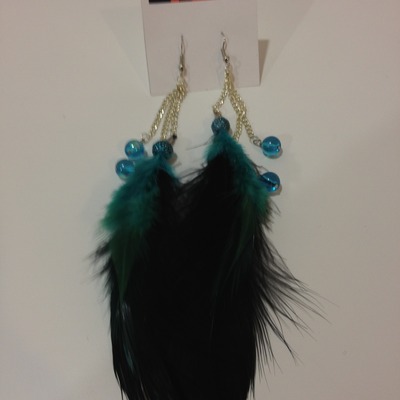 Bead and feather earrings - teal and black